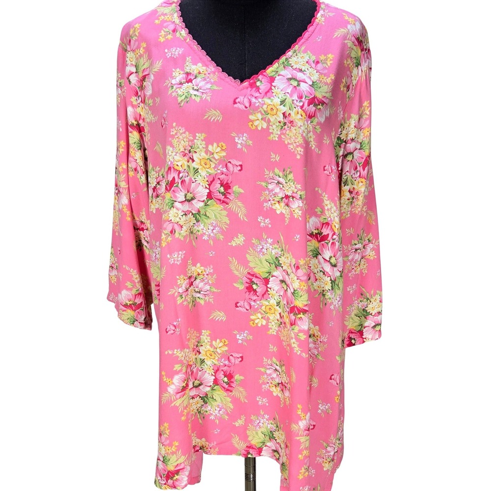 Women's April Cornell XXL Pink Floral Rayon Tunic Top Crochet Trim Cottagecore